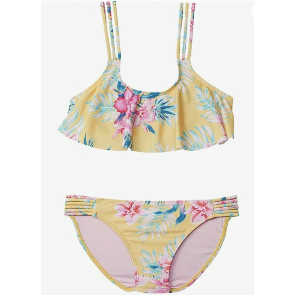 Volcom Flower Girl Crop Top Bikini Set  sz 8 Yellow Multi